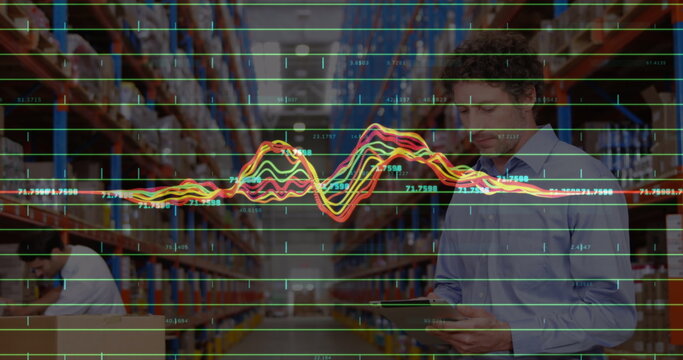 Image of financial data processing over diverse business people in warehouse