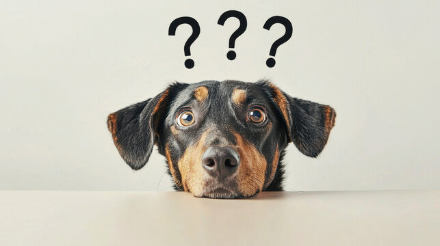 Funny dog peeking from behind an object, question marks appearing above, clean neutral background