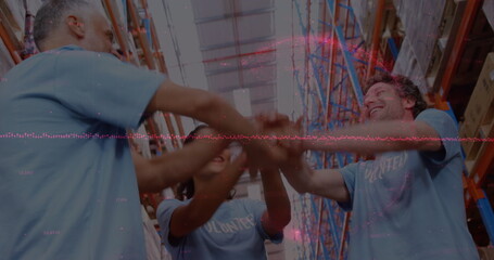 Image of financial data processing over diverse volunteers in warehouse