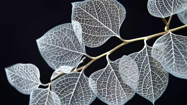 A branch of delicate skeleton leaves displays intricate patterns against a dark backdrop, highlighting the beauty of nature's design and the passage of time.