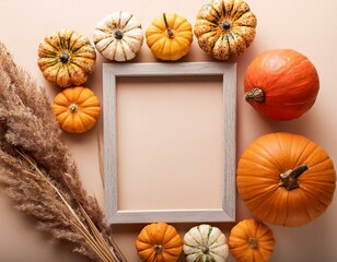 Fototapeta premium autumn, fall, pumpkins, halloween, harvest, thanksgiving, seasonal, nature, decoration, orange, leaves, rustic, october, november, cozy, festive, dried, grass, frame, background, countryside, organic,