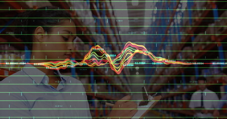 Image of financial data processing over diverse business people in warehouse