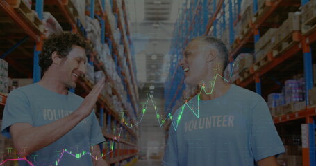 Image of financial data processing over diverse volunteers in warehouse