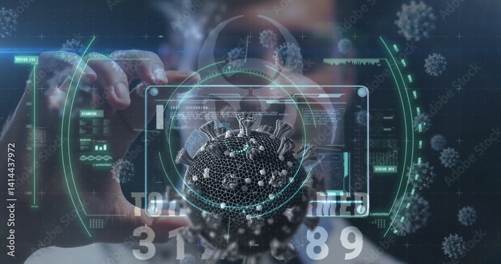 Poster image of covid 19 cells floating and data processing over man in face mask in background