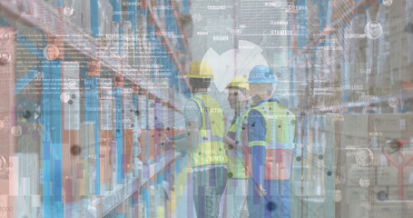 Image of financial data processing over workers in warehouse
