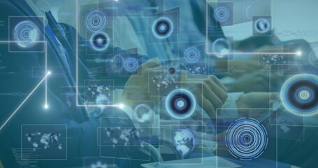 Obraz premium Image of financial data processing over group of business people in office