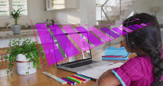 Image of financial data processing over biracial schoolgirl - Powered by Adobe