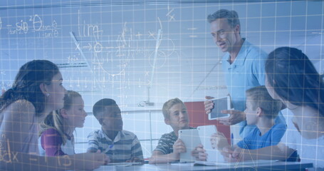 Image of mathematical equations over male teacher and school children using tablets in classroom