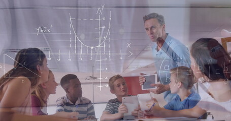 Image of mathematical equations over male teacher and school children using tablets in classroom