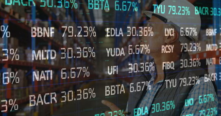 Image of stock market over biracial worker in warehouse