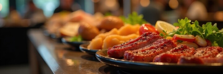 Indoor buffet with grilled meats, festive event catering , high resolution, color