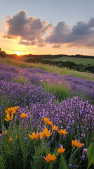 Fototapeta premium A breathtaking field of vibrant flowers bathed in the warm glow of a sunset. The landscape features a rolling hill and dramatic cloud formations, creating a scene of beauty