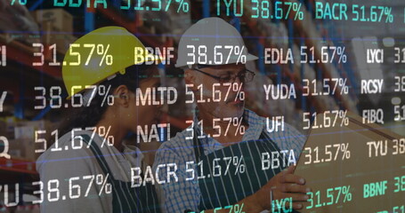 Image of stock market over diverse workers in warehouse