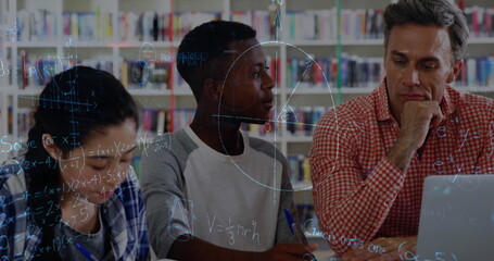 Image of mathematical equations over diverse schoolchildren with teacher in classroom