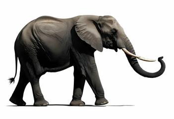 Obraz premium Black silhouette of a baby elephant with trunk raised, oversized ears flaring outward, short tail and plump body, side profile on white background. 