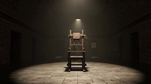 Dark prison cell with an electric chair suitable for haunted house promotions, horror themed designs, and Halloween party invitations.