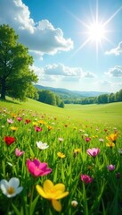 Fototapeta premium Sun-drenched meadow, lush grasses, colorful blossoms, green, flora, plant