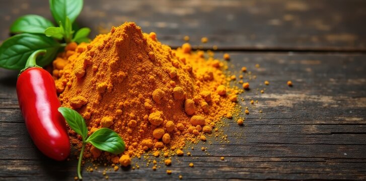 Vibrant turmeric, paprika, cumin on rustic wood , seasoning, rustic
