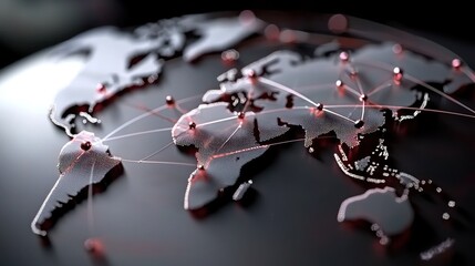 Global interconnectedness, 3D world map, network connections, dark background