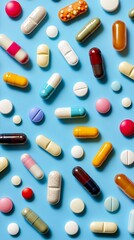 Colorful assortment of pills and capsules scattered on a vibrant blue surface, showcasing a variety of shapes and sizes, perfect for health and wellness themes.