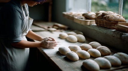 A baker shapes dough in soft light, amidst a row of freshly baked loaves, capturing the warmth and artistry of breadmaking.