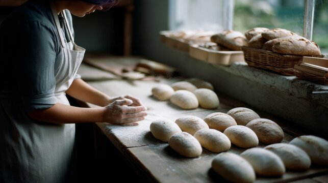 A baker shapes dough in soft light, amidst a row of freshly baked loaves, capturing the warmth and artistry of breadmaking. - Powered by Adobe