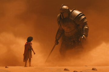 Epic biblical scene of David versus Goliath on a dusty battlefield, showcasing the courage of David facing the giant.