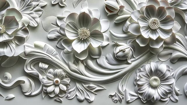 A stunning arrangement of three-dimensional white flowers and swirling patterns adorns a smooth surface, showcasing skillful craftsmanship and intricate detailing.