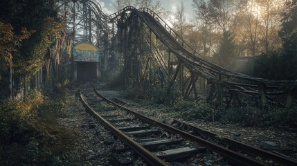 Naklejka premium Enigmatic Ruins: An Abandoned Rollercoaster's Mystical Embrace