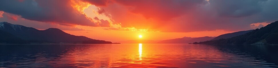 Fototapeta premium Fiery sunrise paints the sky, casting long shadows on the tranquil water , calm, atmosphere, photo