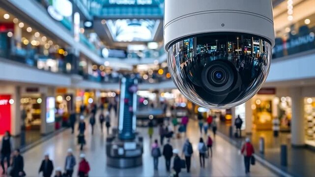 This image features a high-tech surveillance camera in a busy shopping mall. The camera captures shoppers below, highlighting the importance of security in public spaces. AI