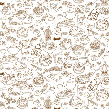 Naklejki Chinese food doodle element icon seamless pattern