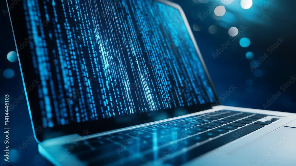 Poster laptop displaying binary code in blue light