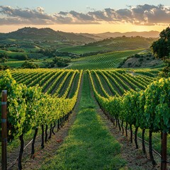 Naklejka premium Scenic landscape of a hillside vineyard in the countryside