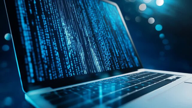 Laptop Displaying Binary Code in Blue Light