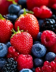 Vertical macro image of mixed berries including strawberries, blueberries, raspberries, red currants, and blackberries. Water droplets and soft lighting enhance the textures and freshness.