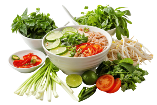 Fresh ingredients for a vibrant, flavorful bowl of Vietnamese pho on a bright kitchen countertop