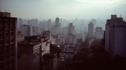 Obraz premium A sprawling cityscape emerges through mist, capturing dense urban structures blended with muted sky hues, portraying the metropolis's morning aura.