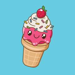 Hand drawn cute kawaii strawberry ice cream cartoon illustration