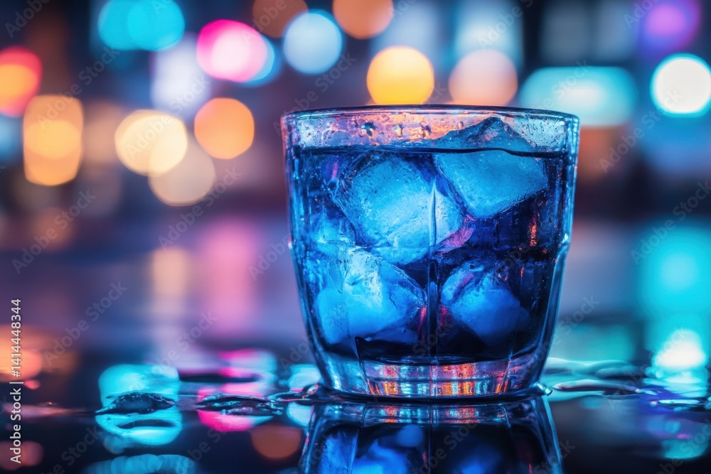 Poster refreshing drink with ice cubes in a glass on a reflective surface with colorful bokeh background ca