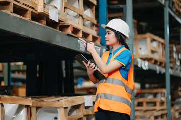  Storage worker in uniform Wearing Hard Hat Checks Stock and Inventory with Digital Tablet Computer...