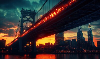 Naklejka premium Philadelphia skyline at sunset with illuminated bridge and city lights