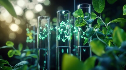 A futuristic concept of plant-based drug discovery with holographic molecular structures and test tubes
