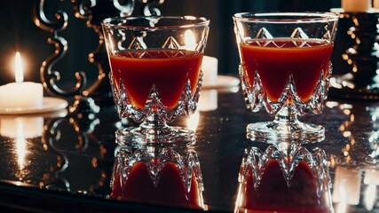 Two crystal glasses with red wine on reflective black surface - Powered by Adobe