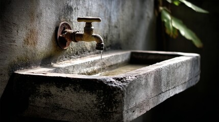 In a serene, rustic environment, an antique faucet drips gently into a weathered stone basin, embodying a blend of nature and heritage.