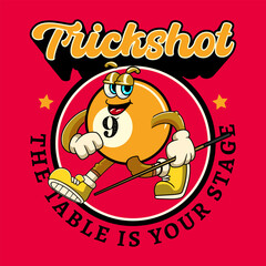 Billiard Ball holding cue stick Sports mascot cartoon character in Vintage Style