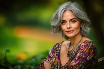 Naklejka premium Close-up head-shot portrait of an attractive mature serious Indian woman looking pensive. Beautiful simple AI generated image