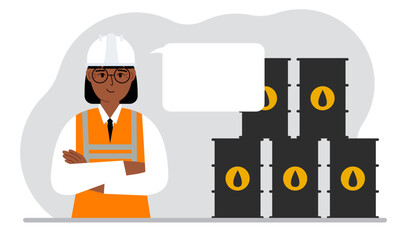 Oil barrels and a smiling oilman. Oil industry and worker or engineer in special clothes and helmet.