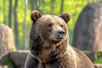 Obraz premium Close-up of a brown bear (Ursus arctos) standing by a river, looking for fish. Beautiful simple AI generated image