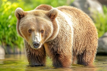 Obraz premium Close-up portrait of the face of a brown bear with nice brown fur. Beautiful simple AI generated image